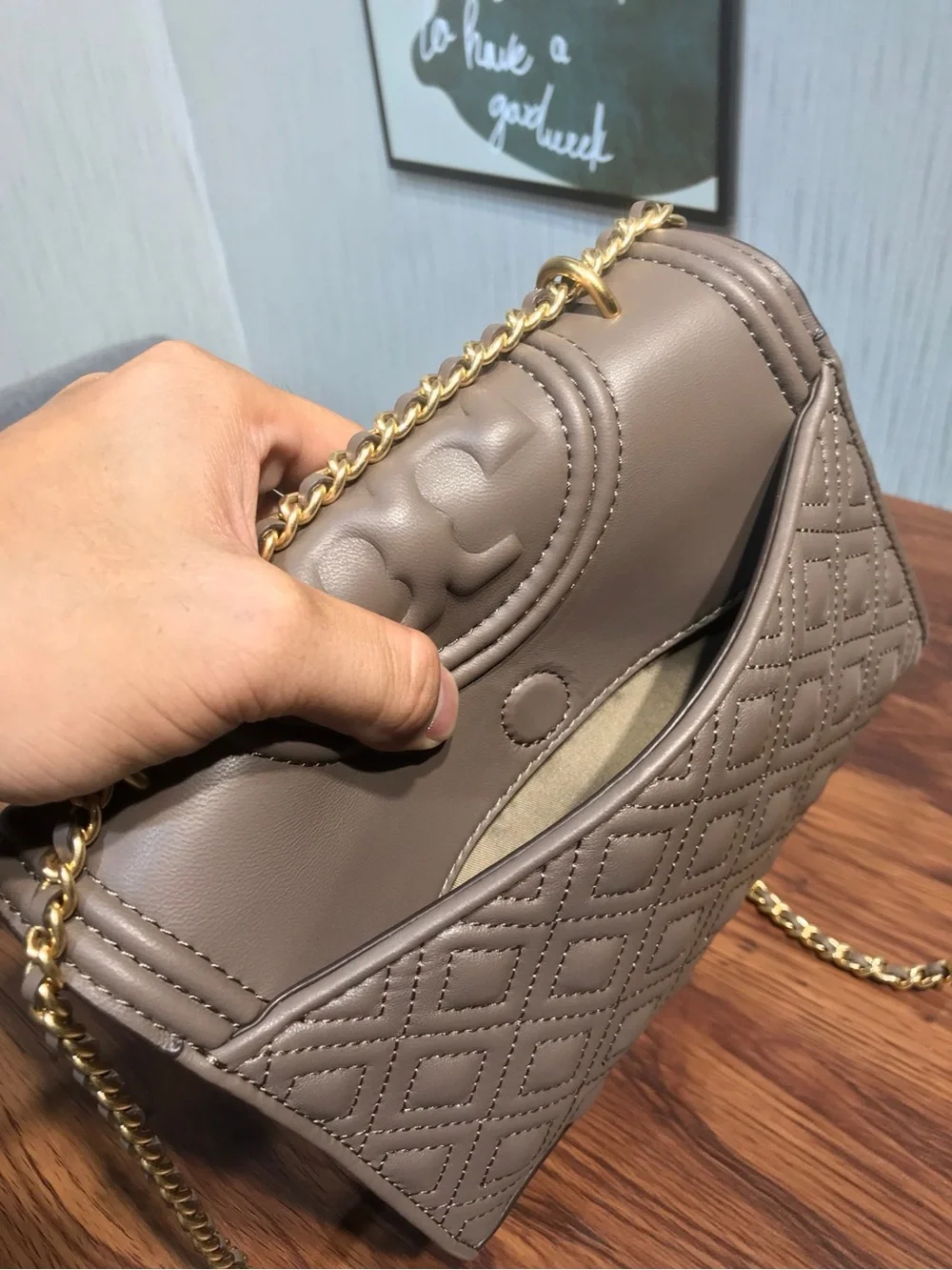 Tory Burch Quilted Taupe Crossbody with Gold Chain